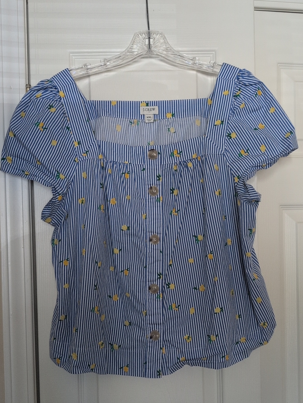J. Crew Blue and White Striped Lemon-Print Button Front Top